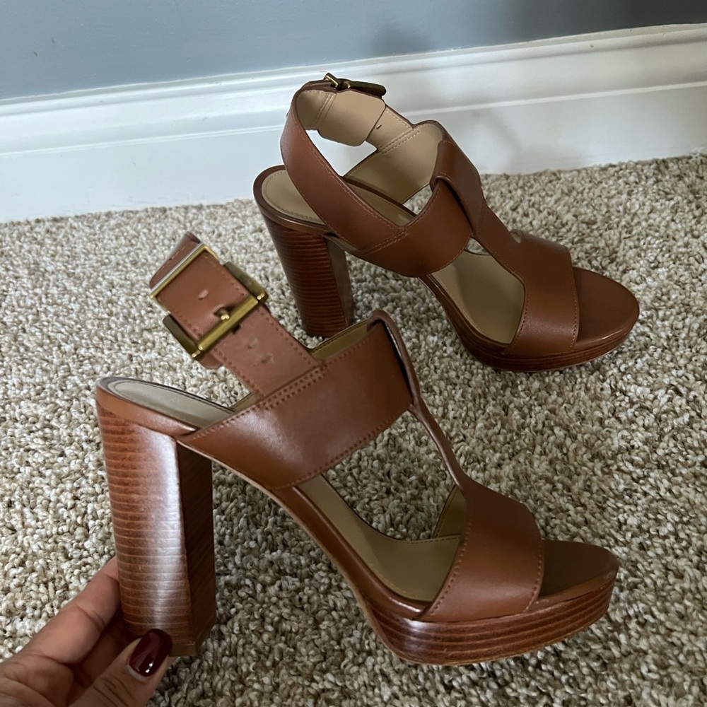 Michael Kors Brown Leather Block Heels - Picture 3 of 6